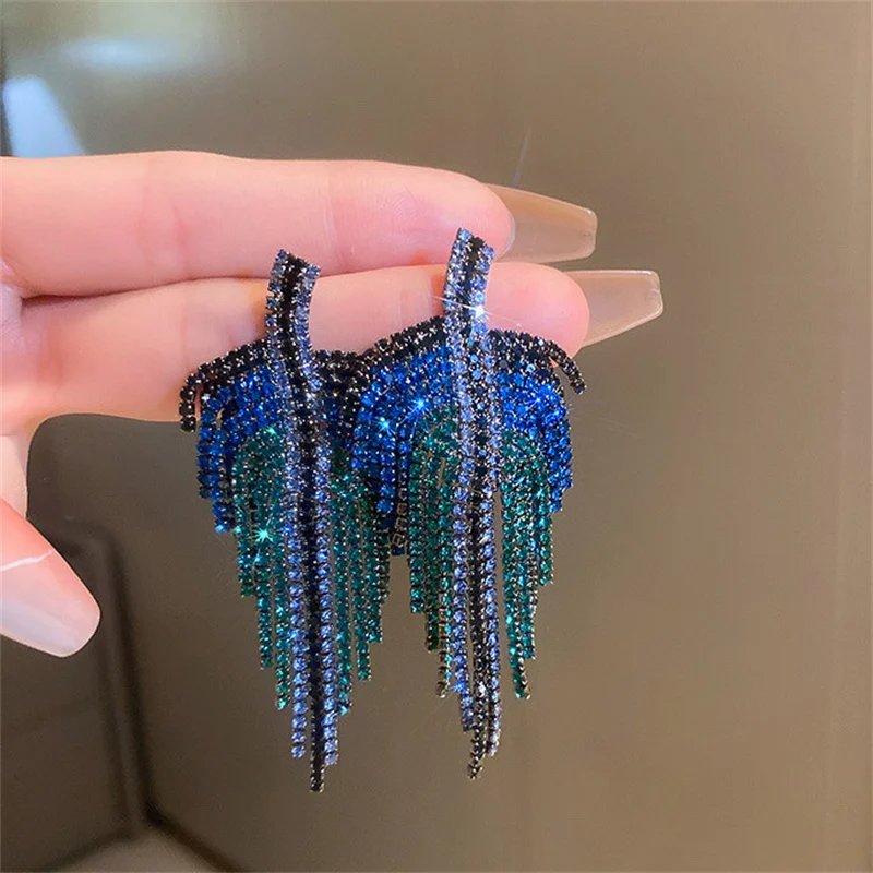 FYUAN Long Tassel Drop Earrings for Women 3 Style Blue Rhinestone Dangle Earrings Fashion Jewelry Accessories