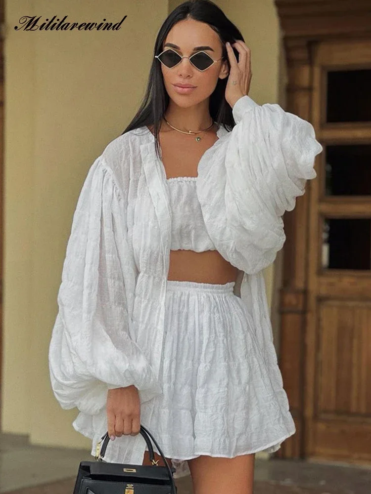 

2024 Spring Summer New Three Pieces Sets Women Long Sleeve Shirt Women Tube Top and High Waist Short Femme See Through Short Set