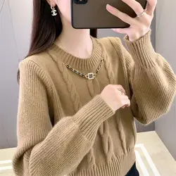 New Autumn and Winter Fashion Trend Solid Fried Dough Twists Round Neck Loose Versatile Western Women's Long Sleeve Sweater