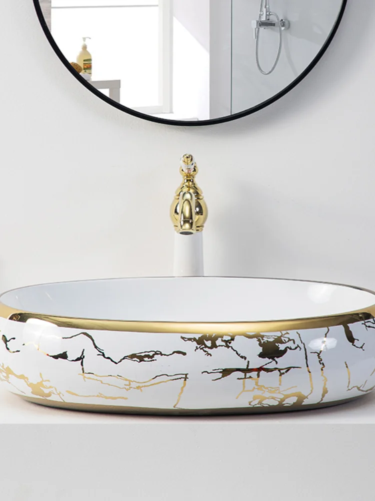 Hotel luxury golden oval vanity vessel sink bowl white and riche gold plated hand wash ceramic basin for bathroom