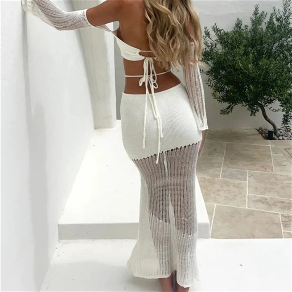 White Knitted Midi Skirt Set Crop Top Halter Strappy Hollow See Through Knitwears Sleeve Bandage Sexy Women Trend Design Outfits