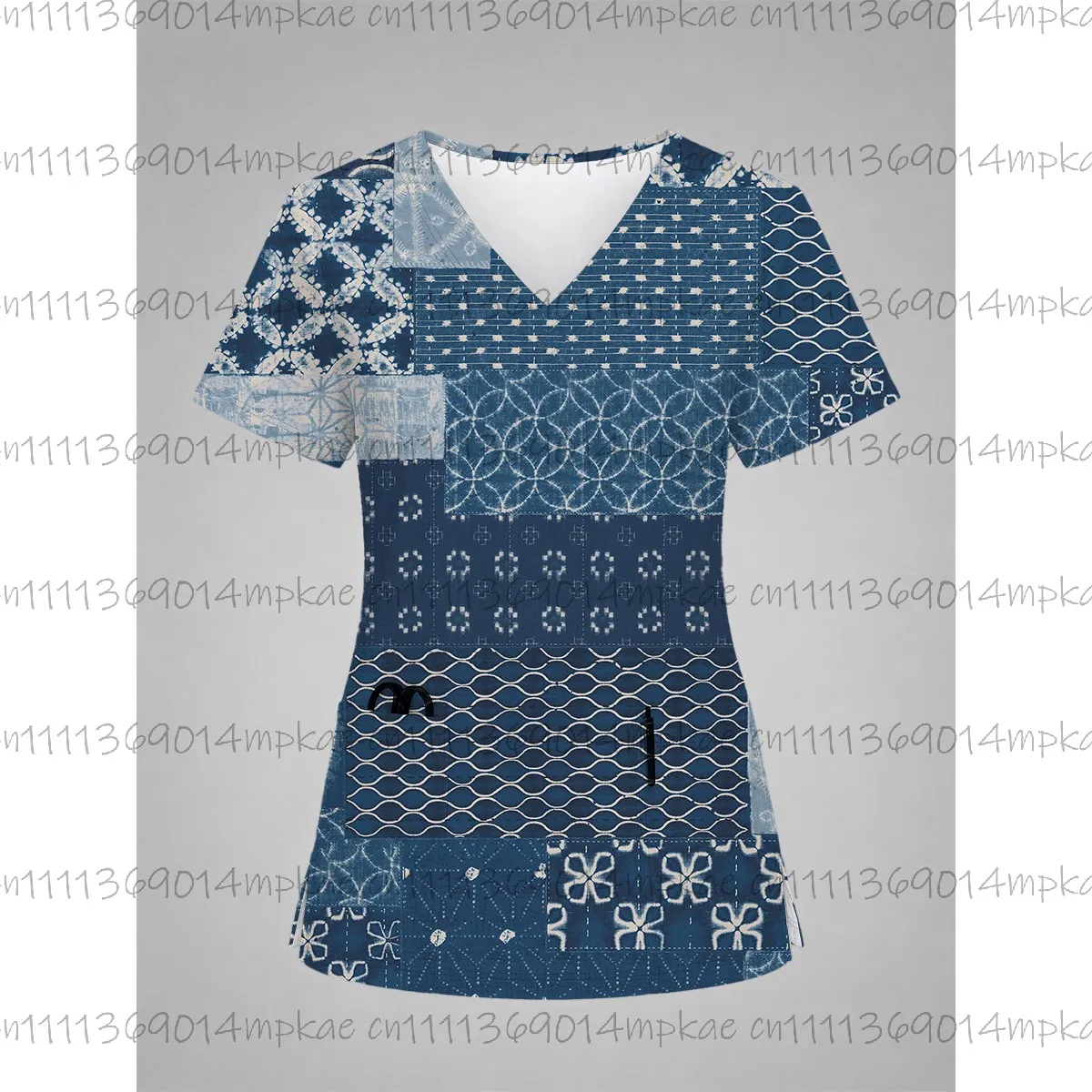New Women's T-Shirt Patchwork Print Surgical Gown Fashion V-Neck Medical Short Sleeve with Patch Pockets Women's Top