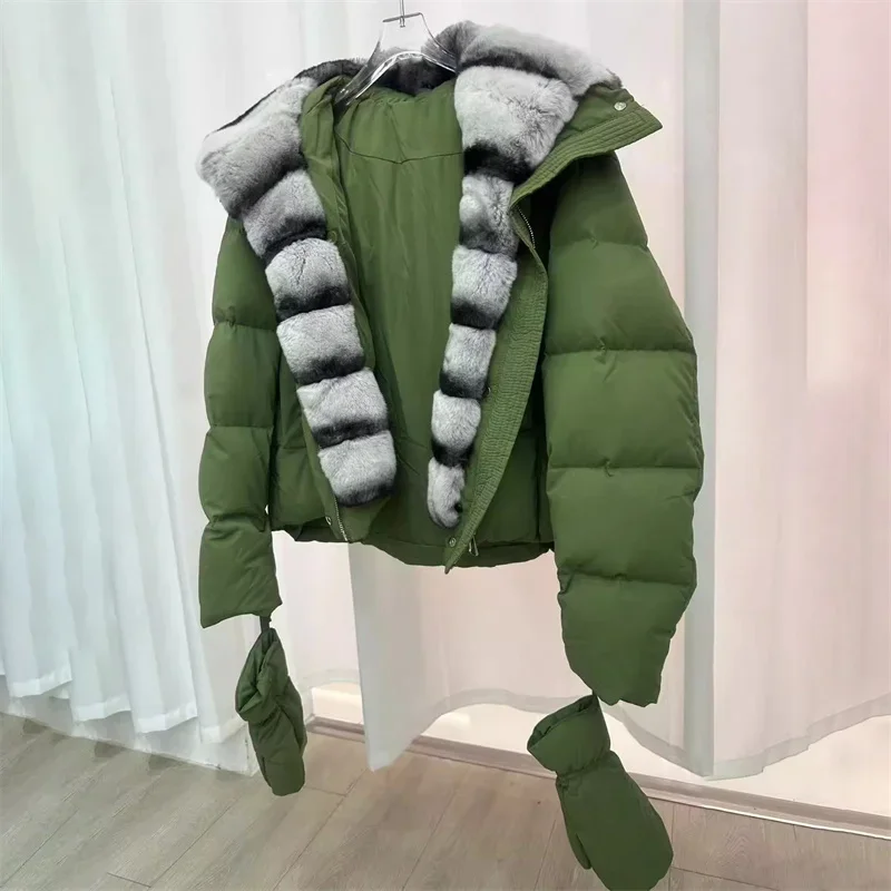 Women's winter jacket 2025 New detachable rabbit fur collar hooded down jacket White duck down filled down coats warm thick coat