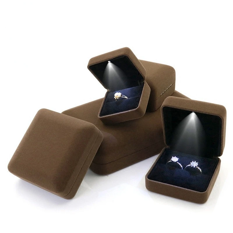 Flannel LED Light Jewelry Box Gift Wedding Velvet Ring Pendant Earring Display Storage Leather Jewellery Boxes Packaging