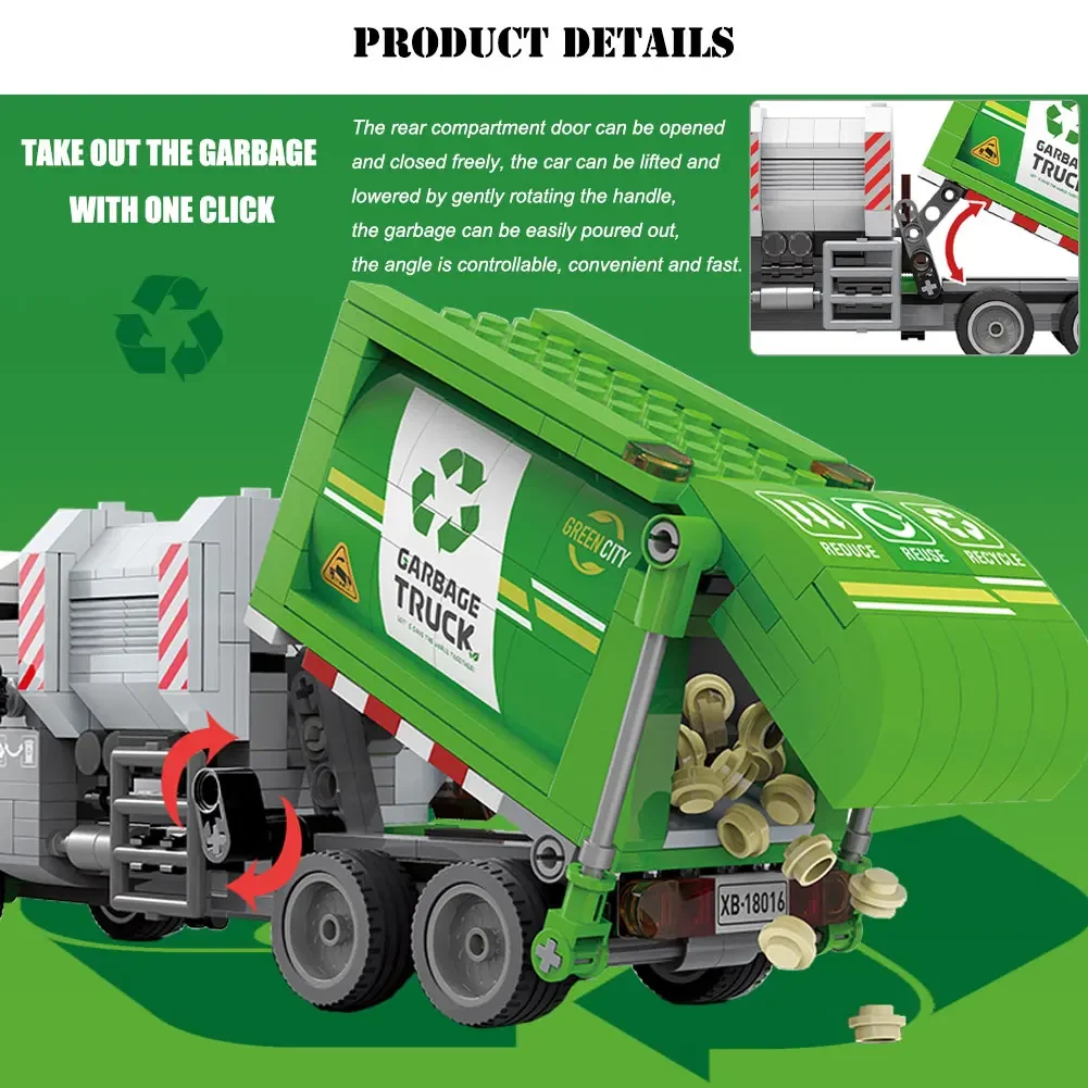 ZKZC City Sanitation Garbage Truck Vehicle Model Building Blocks Cleaning Car Assemble Bricks Toys For Kids Christmas Gifts Toys