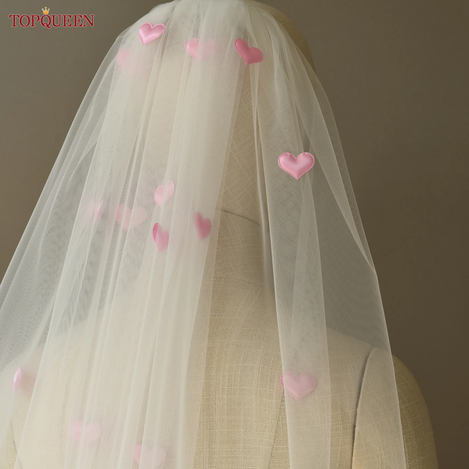 

TOPQUEEN Wedding Cute Bridal Veil Pink Heart 60cm Long Single Layer White Milky White Champagne Color Customizable V271