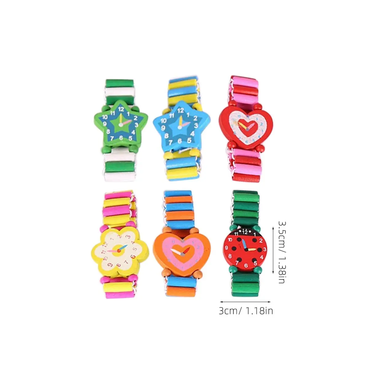 6pcs Wooden Watch For Kids Cartoon Pretend Play Educational Wood Crafts Safe Eco-Friendly Simulation Watches Cute Design