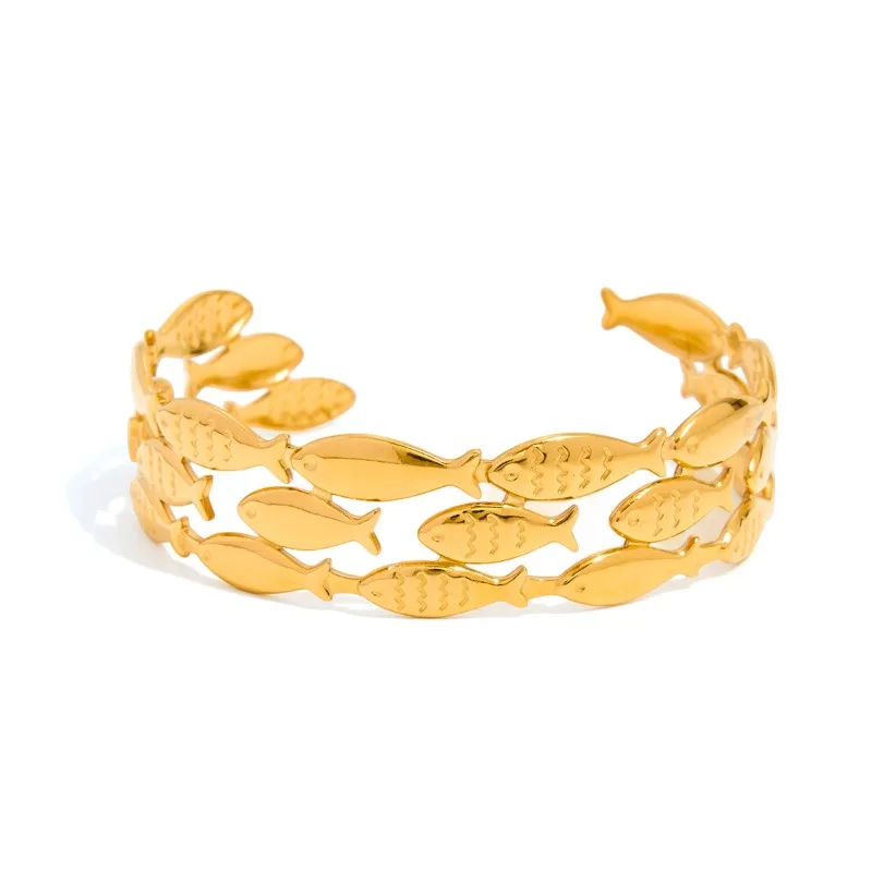 

Minar Unique Design Metallic Three Layers Fish Opening Bangles for Women Girls Stainless Steel 18K Gold PVD Plated Cuff Bracelet