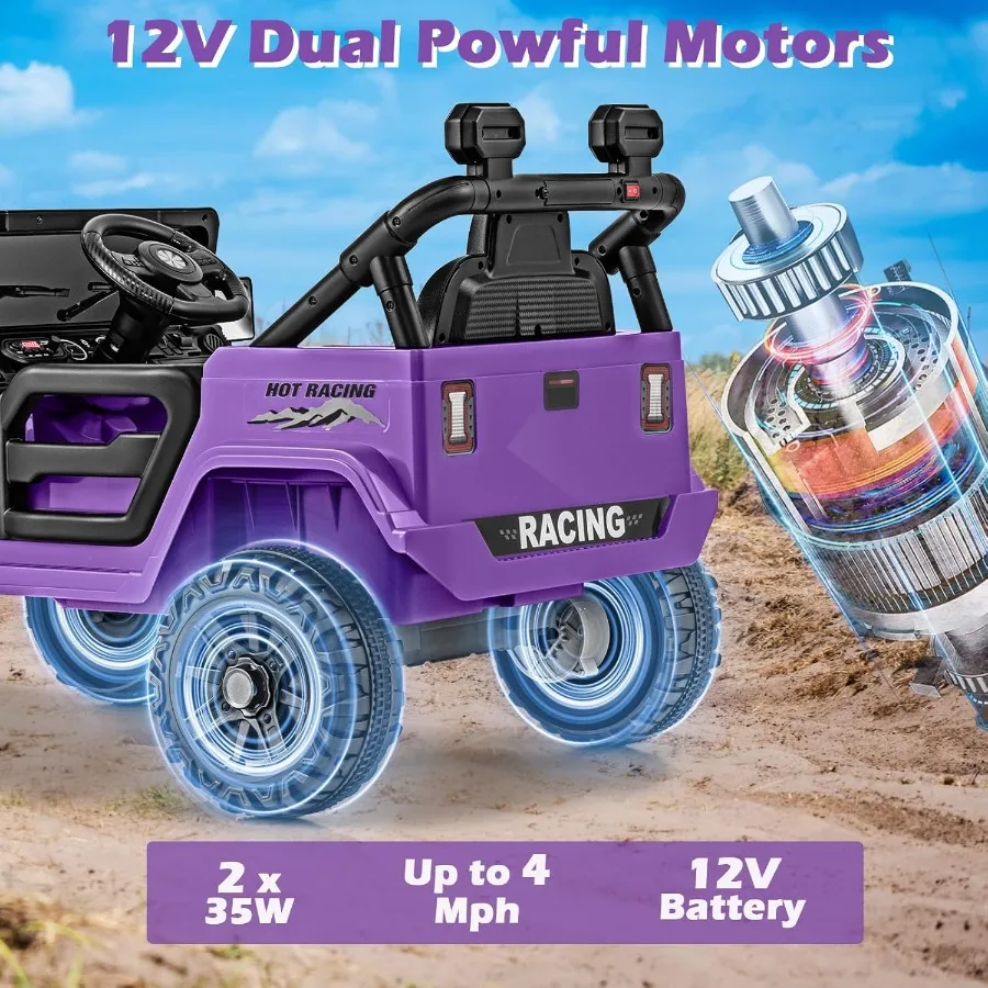 Ride on Truck 12V Battery Powered Electric Vehicle for with Remote Control Bluetooth Power Display LED Lights Music Player Ride