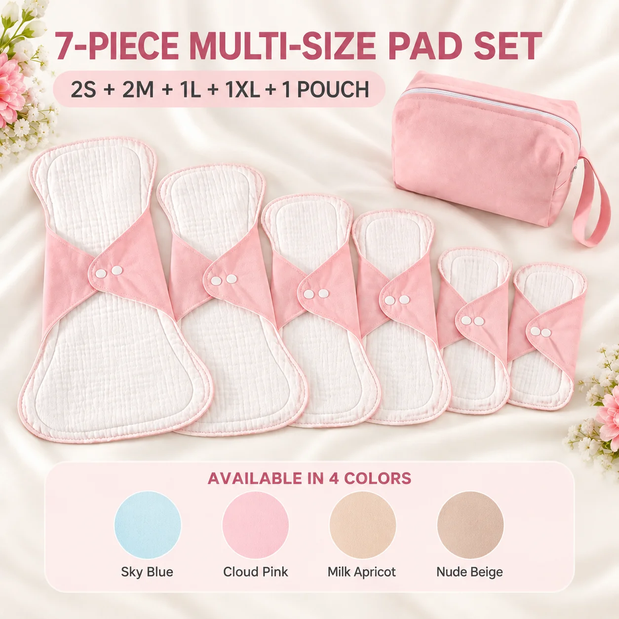 7-Piece Washable Reusable Cotton Gauze Pad Set, Multi-Size Day & Night Use with Storage Pouch, Soft Breathable Comfort
