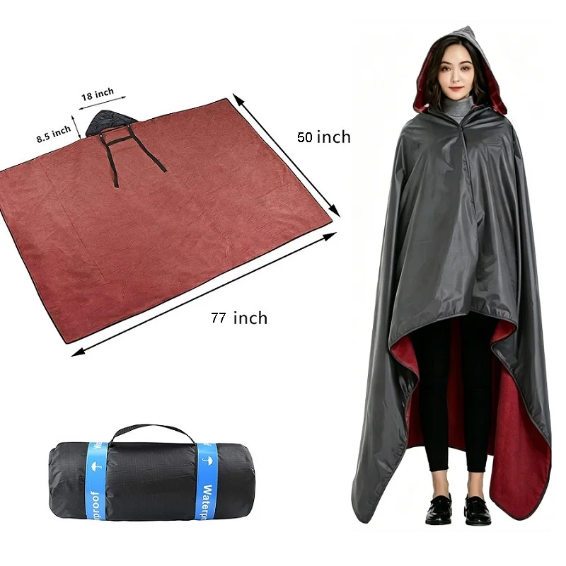 Multi-functional Hooded wearable Camping Blanket Three in One Poncho Raincoat Waterproof Windproof Outdoor Fleece Travel Blanket