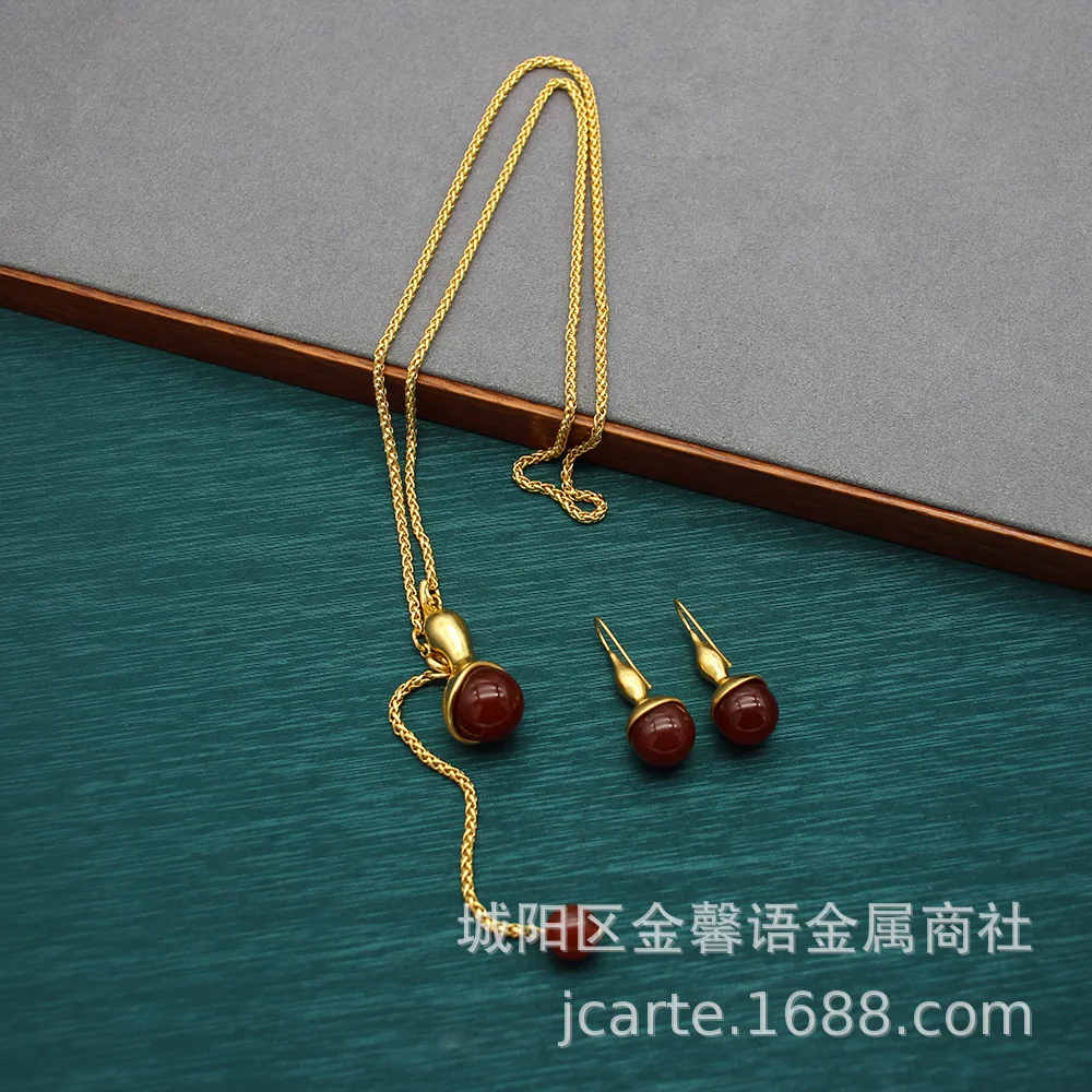 Earrings Necklace Red Agate Fortune Pendant Gold Ear Hooks Chinese Style New Chinese Set