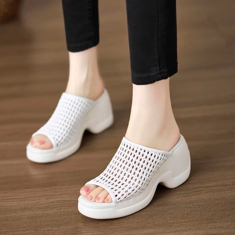 

Летние женские туфли 8 см на платформе с толстой подошвой и V-образной открытой верхней обувью с плетеными открытыми тапочками с открытым носком