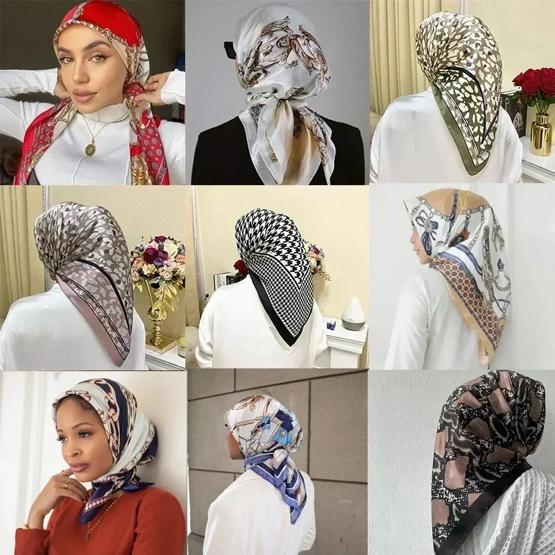 

90cm Square Muslim Head Scarf Red White Satin Printed Imitation Silk Muslim Hijab Scarf Women Dubai Head Wrap Female Headscarf