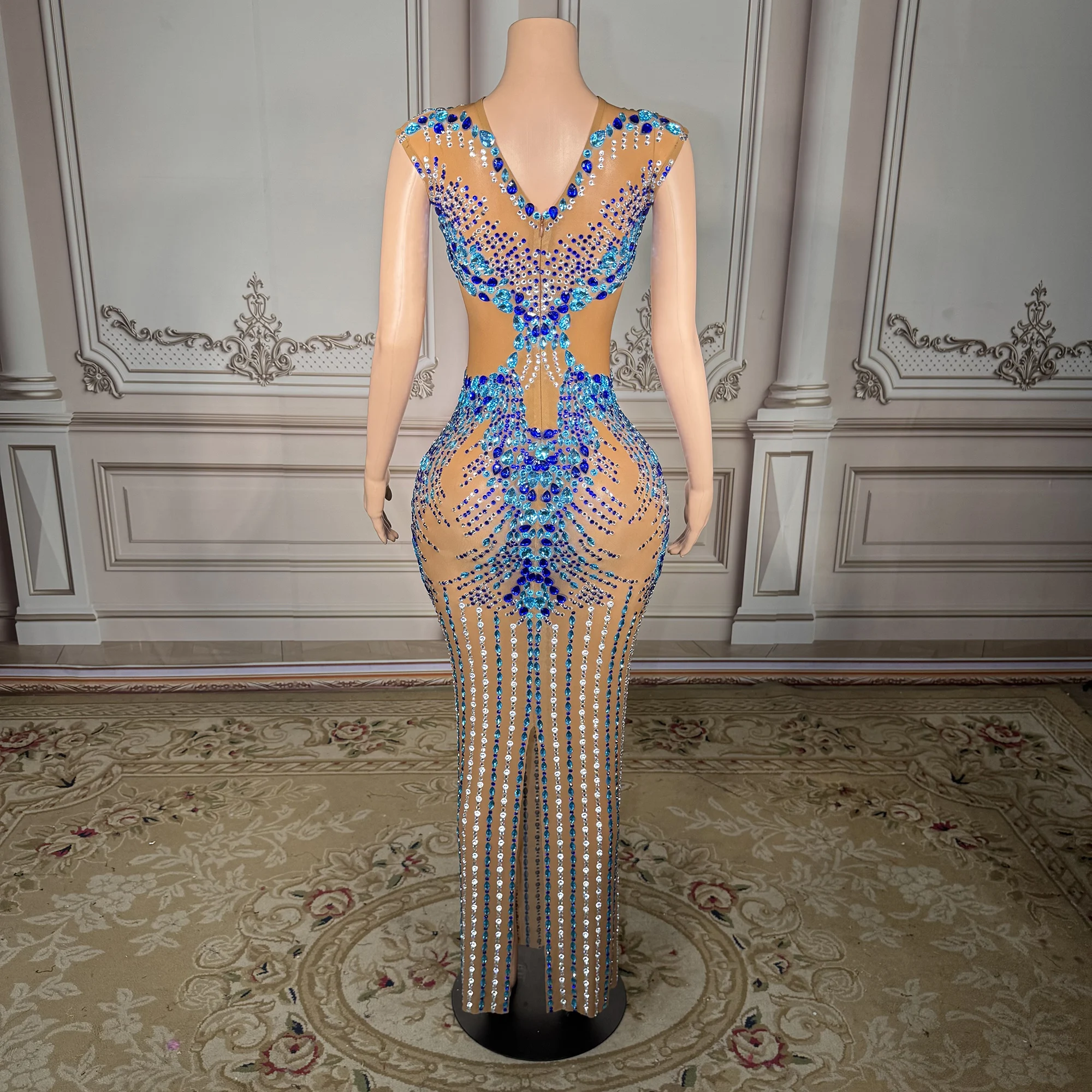 ZD Luxury Elegant Shining Rhinestones Gown Suspenders Mesh High Split Long Dress Women Evening Prom Red Carpet Photoshoot Gowns