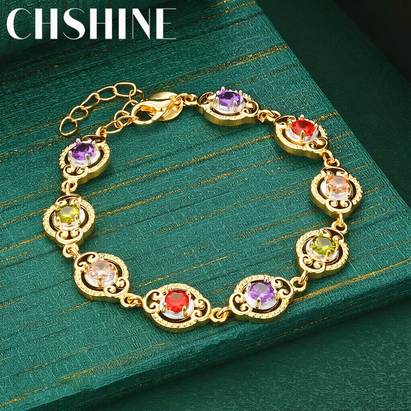 925 Sterling Silver 18K Gold  Multi Color Gemstone Bracelet Vintage Ornate Frame Colorful Crystal Women Party Jewelry Gift