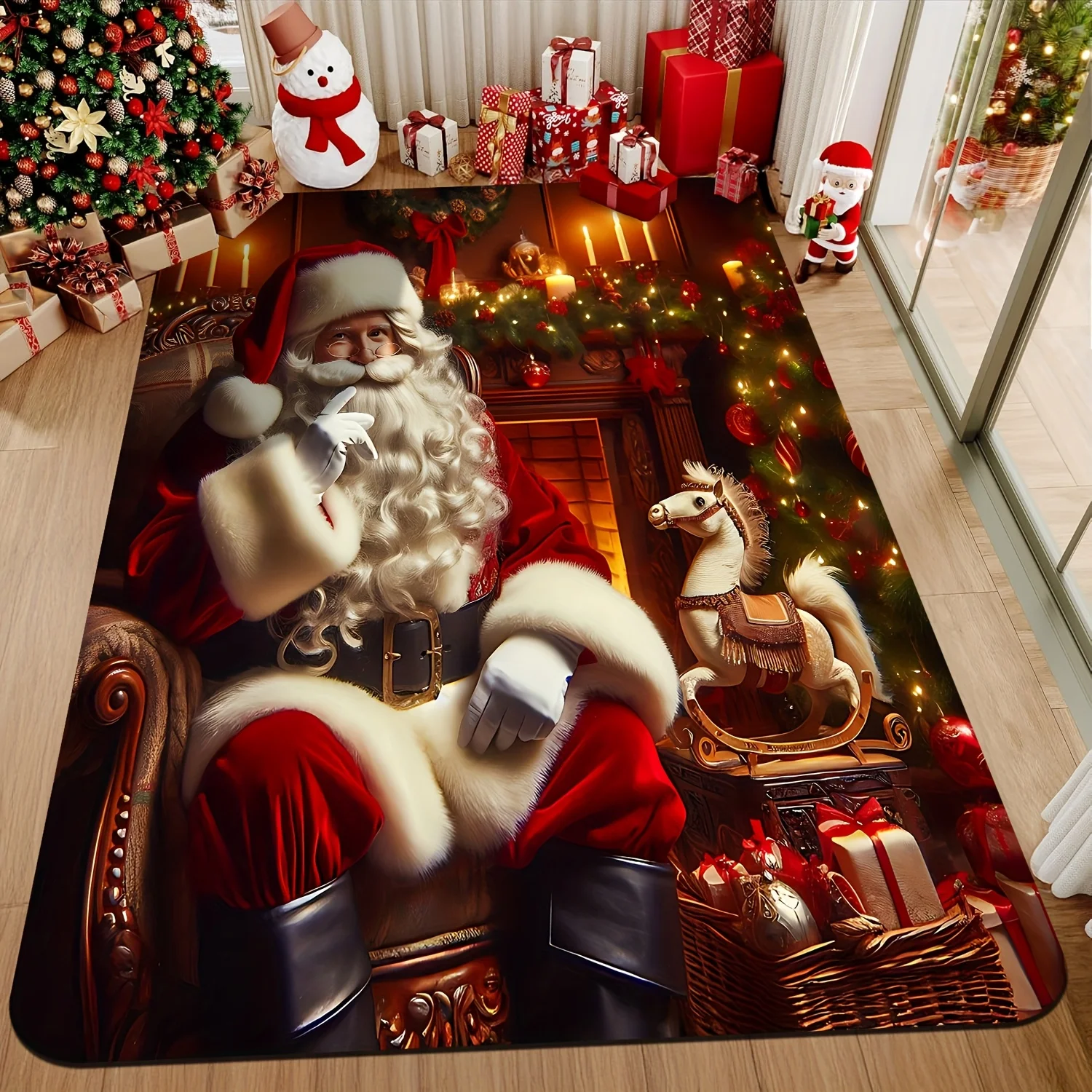 Red Large Area Rug Santa Claus Shushing Silhouette Sitting on Chair Rocking Horse Soft Indoor Living Room Carpet Home Decor