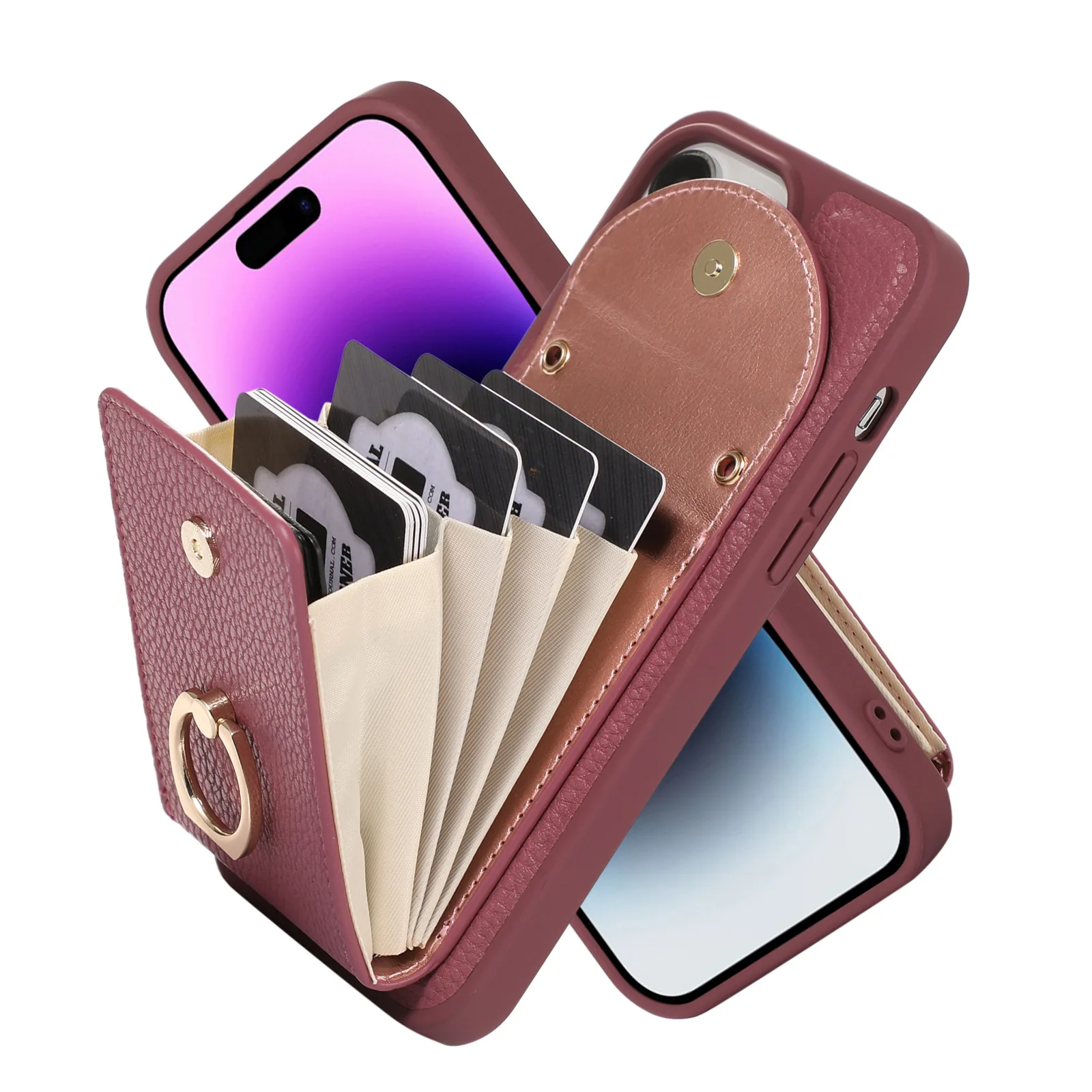 Suitable for iPhone14Pro Pebbled Organ Card Holder 13promax Cross-body Lanyard Ring Bracket 12 Card Coin Purse 11 Leather Cover