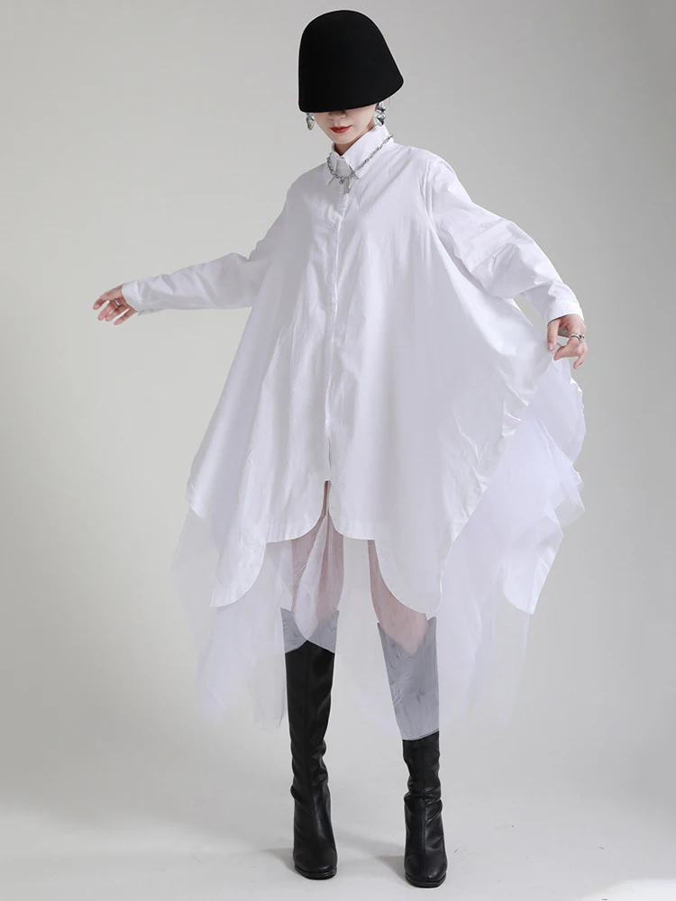 [EAM] Women Black Irregular Hem Big Size Shirt Dress New Lapel Long Sleeve  Loose Fit Fashion Tide Spring Autumn 2026 1DE2485