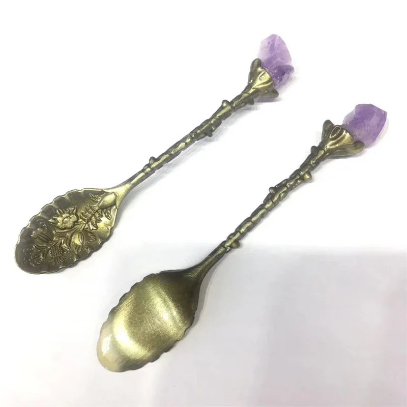 Quartz Crystal Natural Stones Amethyst Cluster Retro Pattern Alloy Small Spoon Coffee Cake Stirring For Honey Reiki Decoration