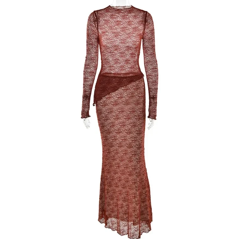 2025 T-shirt trasparente a maniche lunghe alla moda in due pezzi da donna nuova 2025, set gonna sexy slim fit da Europa e America