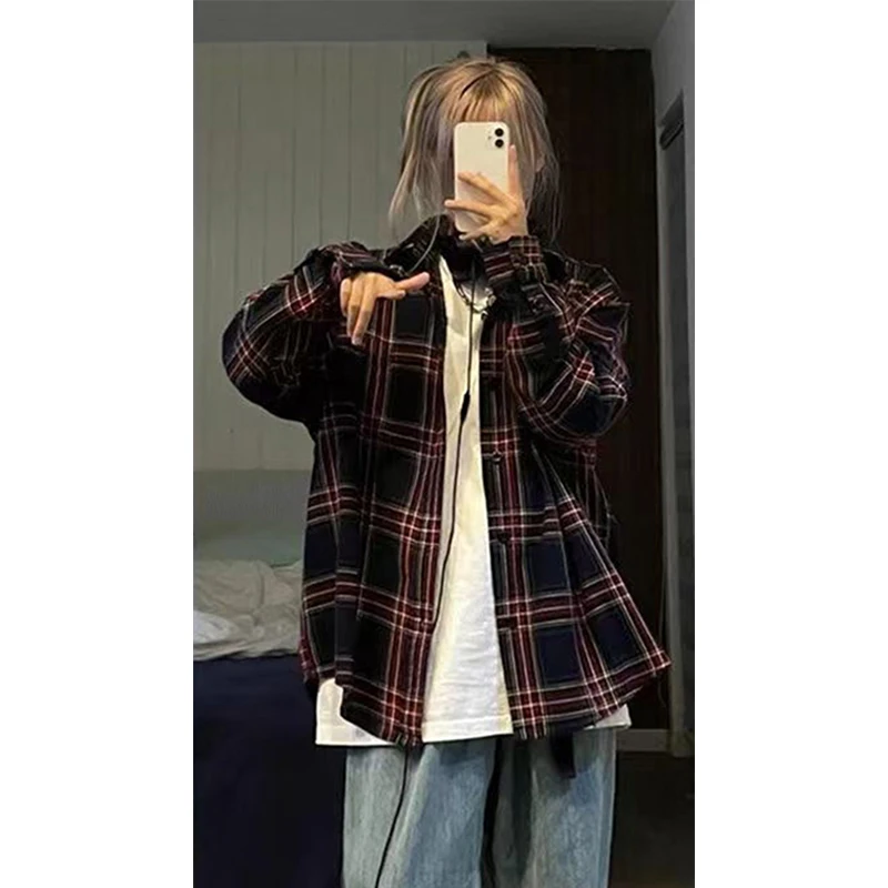 Vintage Plaid Shirts Women Harajuku Oversized Long Sleeve Blouses Summer Streetwear Korean Single Breasted Loose Casual Tops New