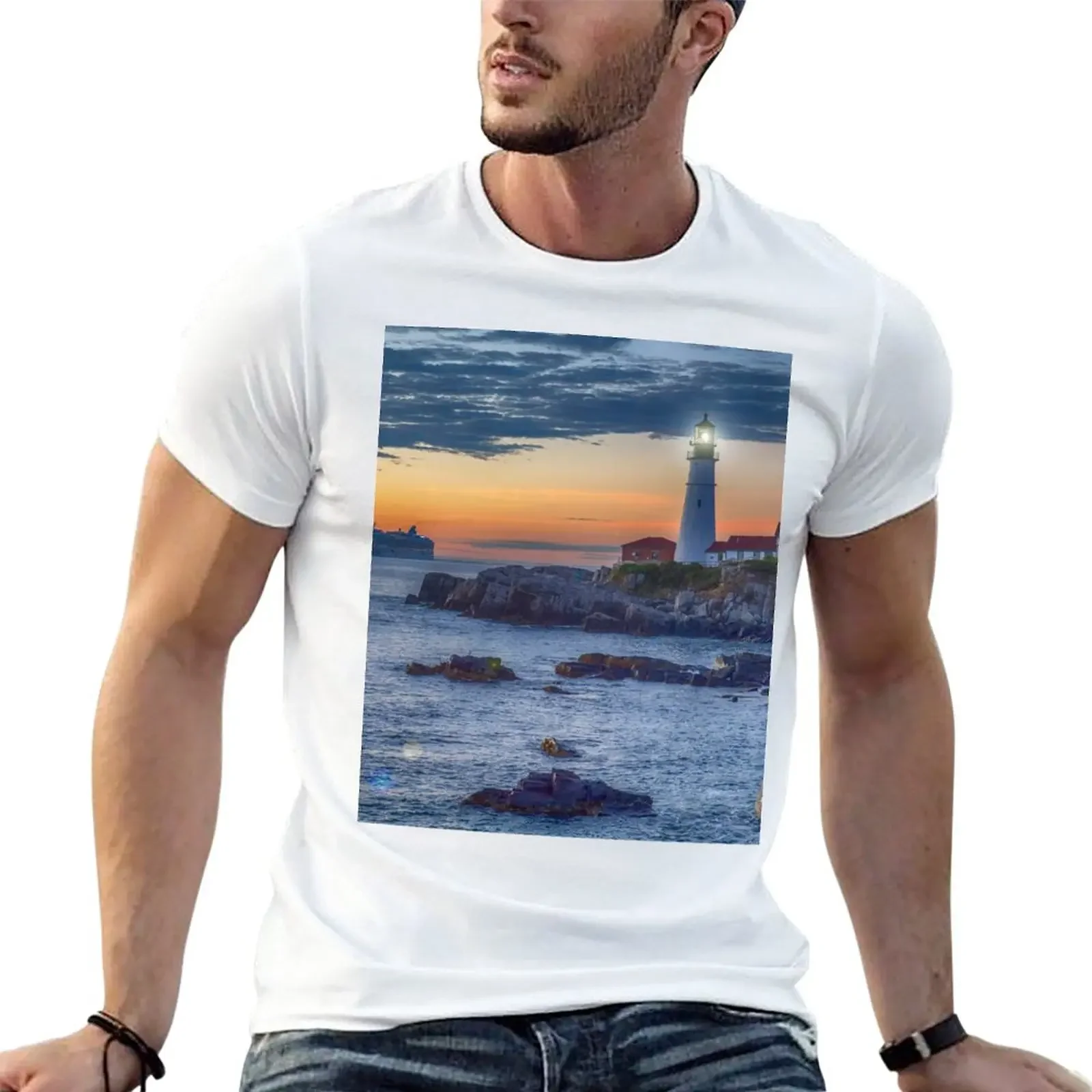 Portland, Maine, Coastal Lighthouse Sunset T-Shirt cute tops sweat shirt hippie clothes T-shirt men