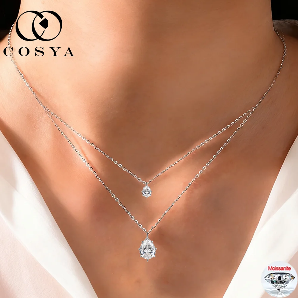 

COSYA 1.85cttw Pear Cut Moissanite Pendant Necklace 100% S925 Silver Double Layer Waterdrop NeckChain Party Jewelry For Women