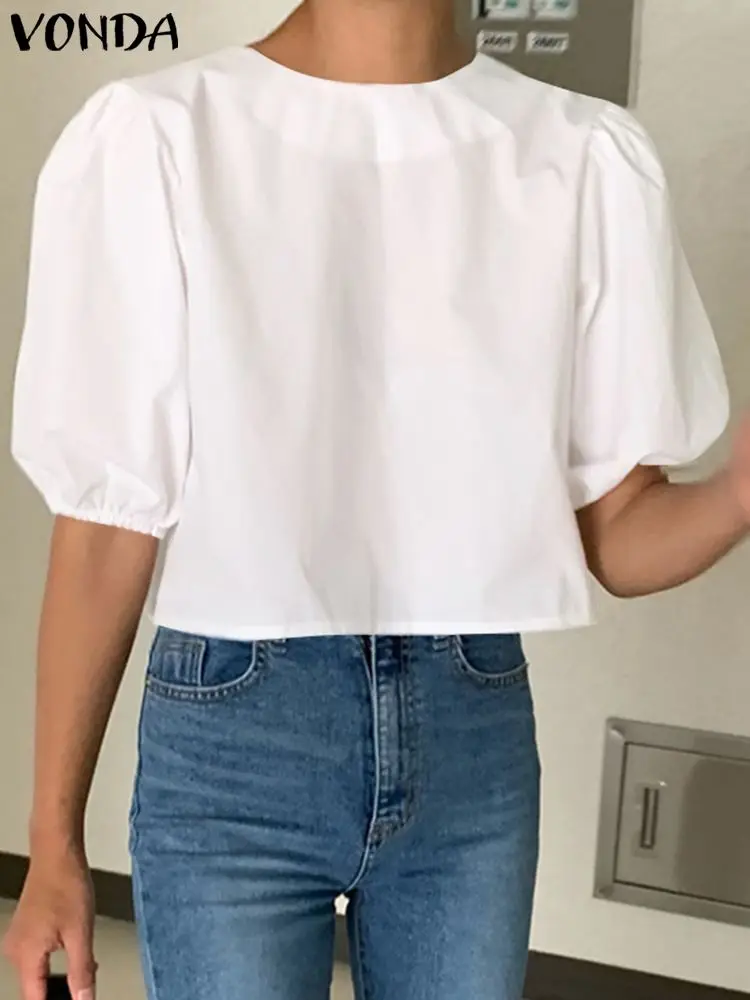 VONDA 2024 Summer Elegant Shirts Women Solid Color Blouse Short Puff Sleeve Loose Casual O Neck Tops Oversized Blusas Femininas