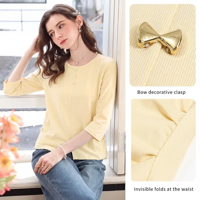 I BELIEVE YOU Yellow Bow Decor Three Quarter Sleeve T-Shirt for Women 2026 Autumn Slim Split Hem Crew Neck Casual Top 2263016488