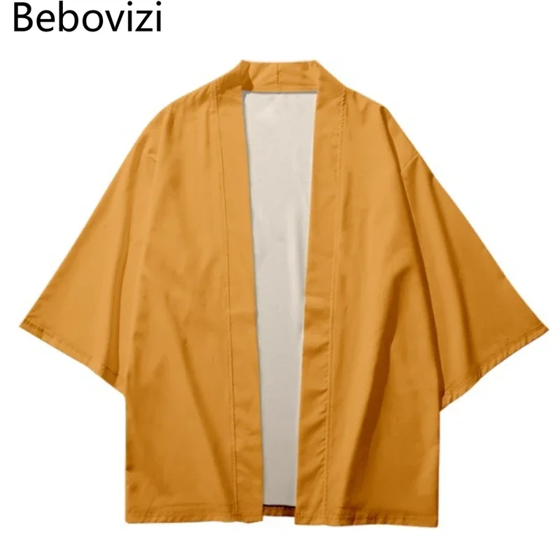 Cárdigan naranja amarillo playa Yukata japonés tradicional Color sólido Kimono Cosplay Samurai Haori Obi mujeres hombres ropa asiática