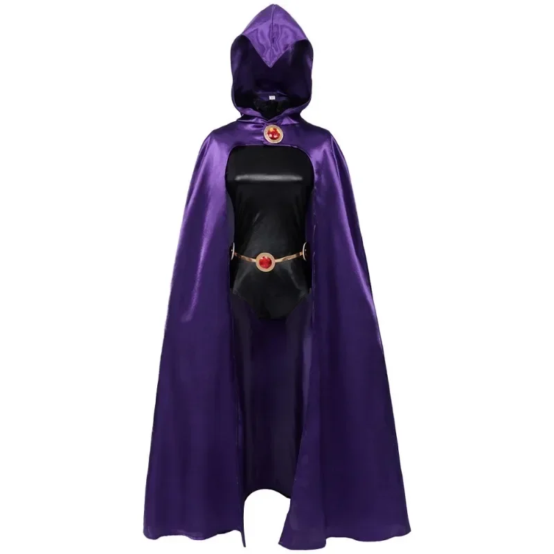 Raven Cosplay Kostuum Anime Tiener Titanen Super Held Cos Jumpsuit Mantel Riem Pak Vrouwen Zwart Bodysuit Pruik Carnaval Feest Uniform