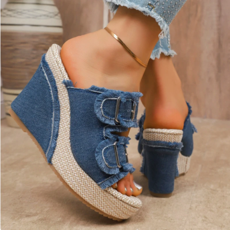 Thick Soled Slippers for Women Summer Chain Denim Chunky Heel Fashion Cross Slides Open Toe Outdoor Beach Woman Walking Slides