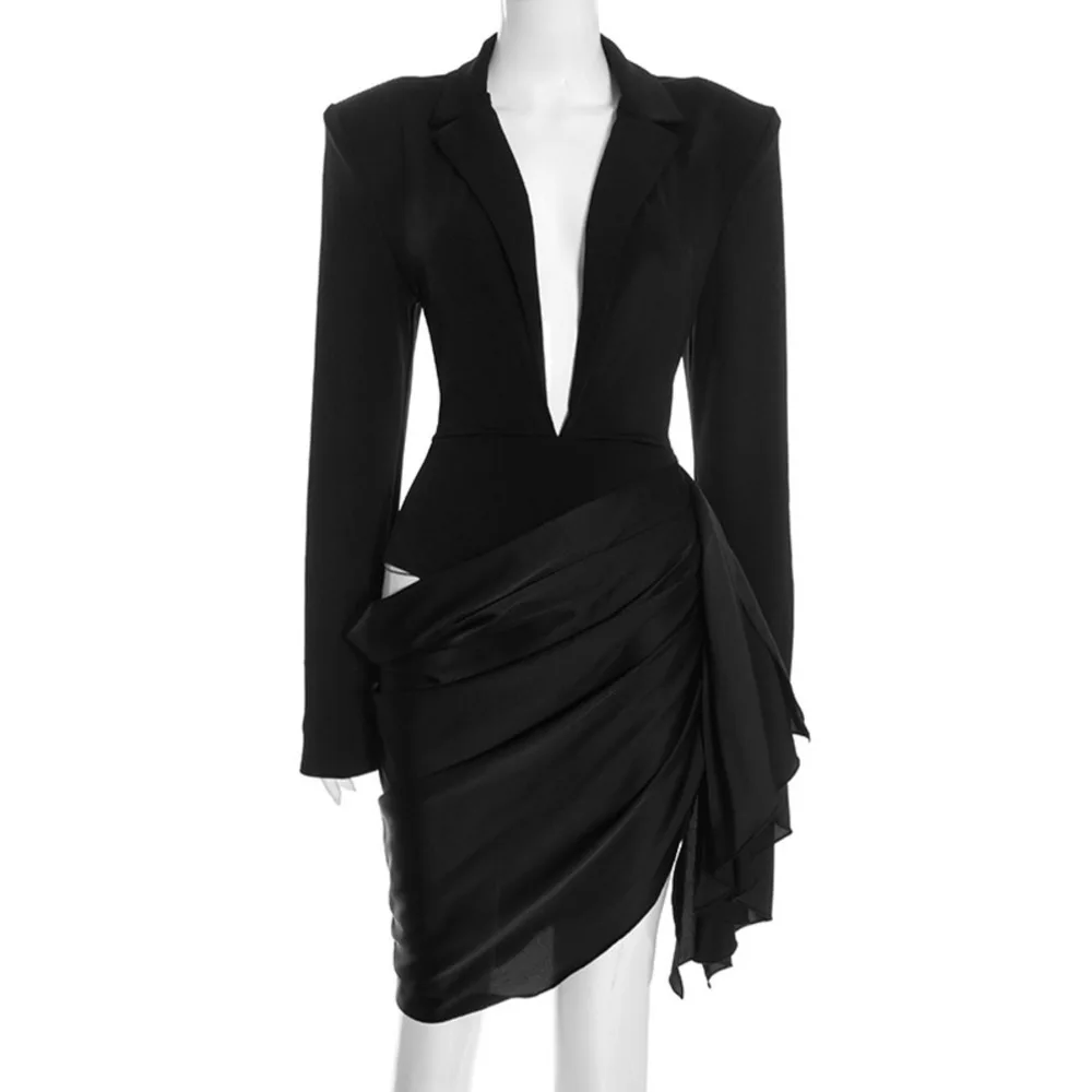 Blifanbo Deep V Neck Ribbon Sexy Mini Dress Women Ruched Long Sleeve Patchwork Fashion Slim High Waist Club Party Dress Elegant