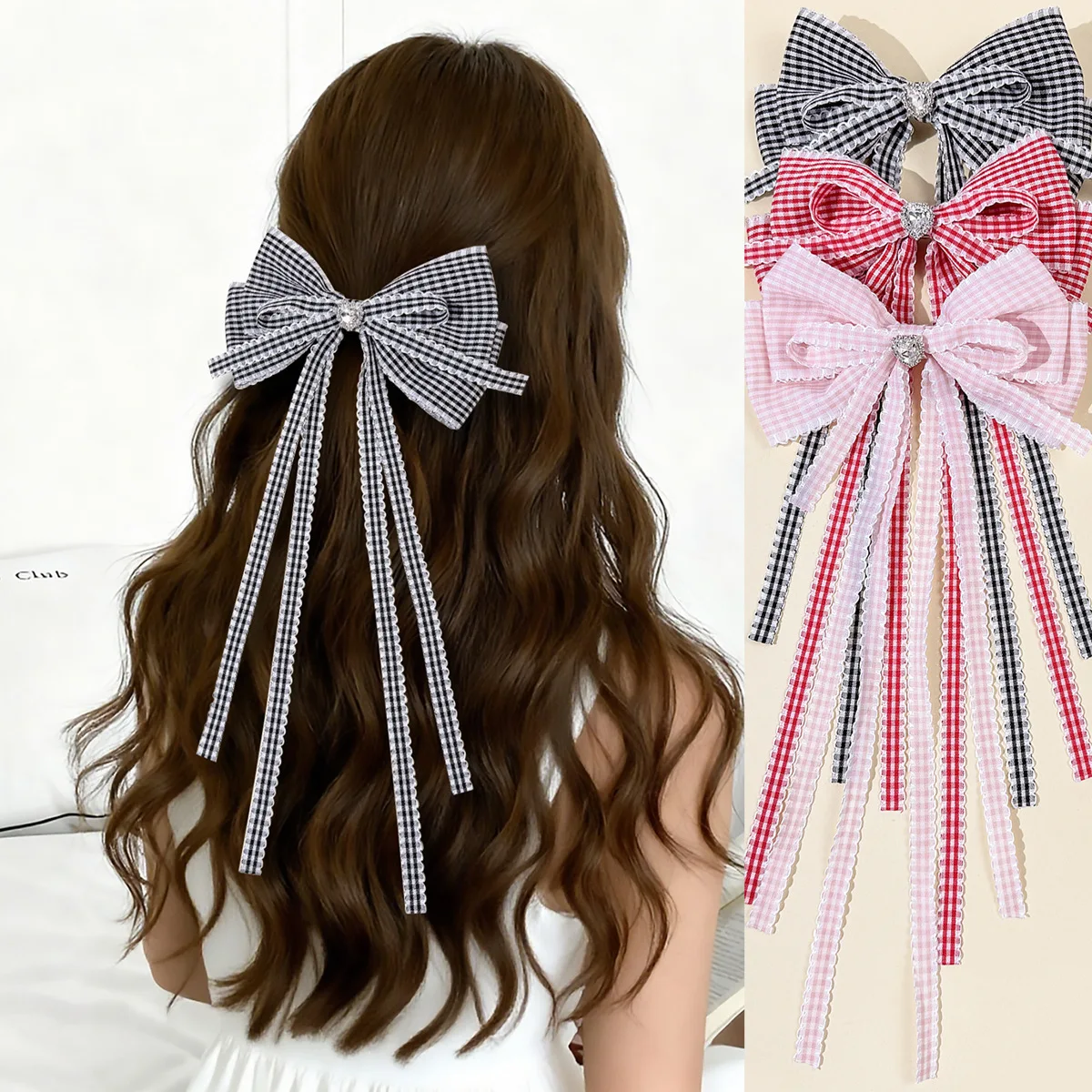 

24pc Tartan Plaid Print Hair Clips with Long Tassel Frill Edge Ribbon Bowknot for Women And Girls Wedding Hairgrips Bulk Pack