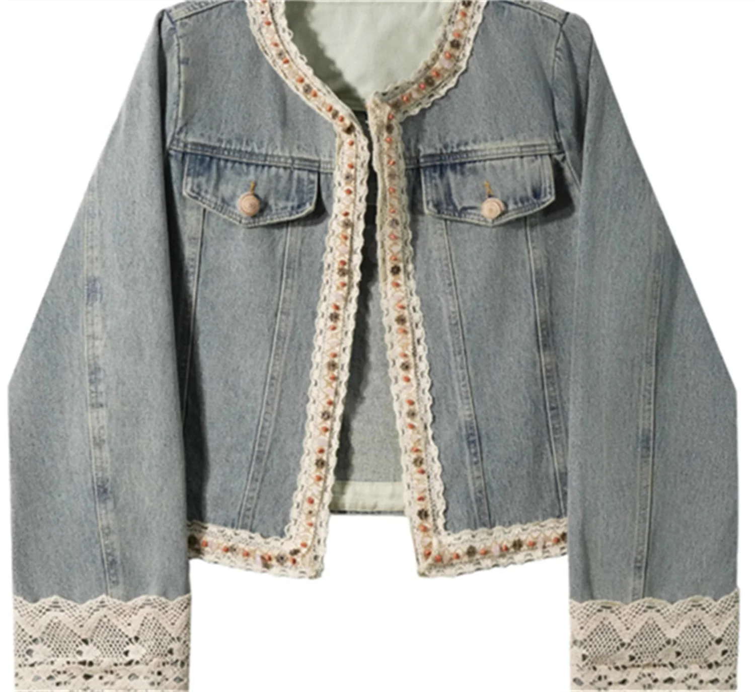 

2025 Spring New Style Slim and Versatile Fashion Cowboy Coat Round Neck Nail Bead Splicing Lace High Quality Cowboy Coat for Wo