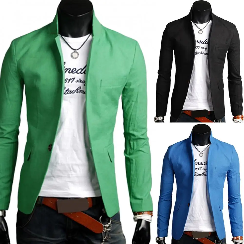 Blazer Coat Pockets Men Solid Color Lapel Collar Business Blazer Autumn Button Decor Business Blazer