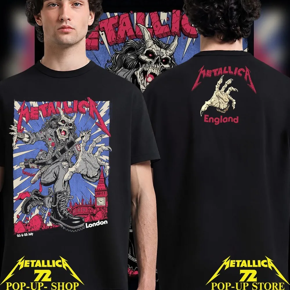2026 Metallica London World Tour Two Sides T-Shirt Heavy Metal Band Skeleton Print Unisex Vintage Cotton Casual Streetwear Tee