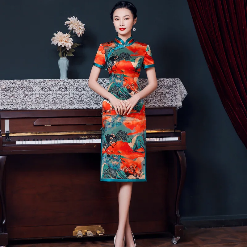 High Quality High-End Real Silk Cheongsam Qipao 2024 New Women's Retro Improve Chinese Style Dress Mid-Length Formal