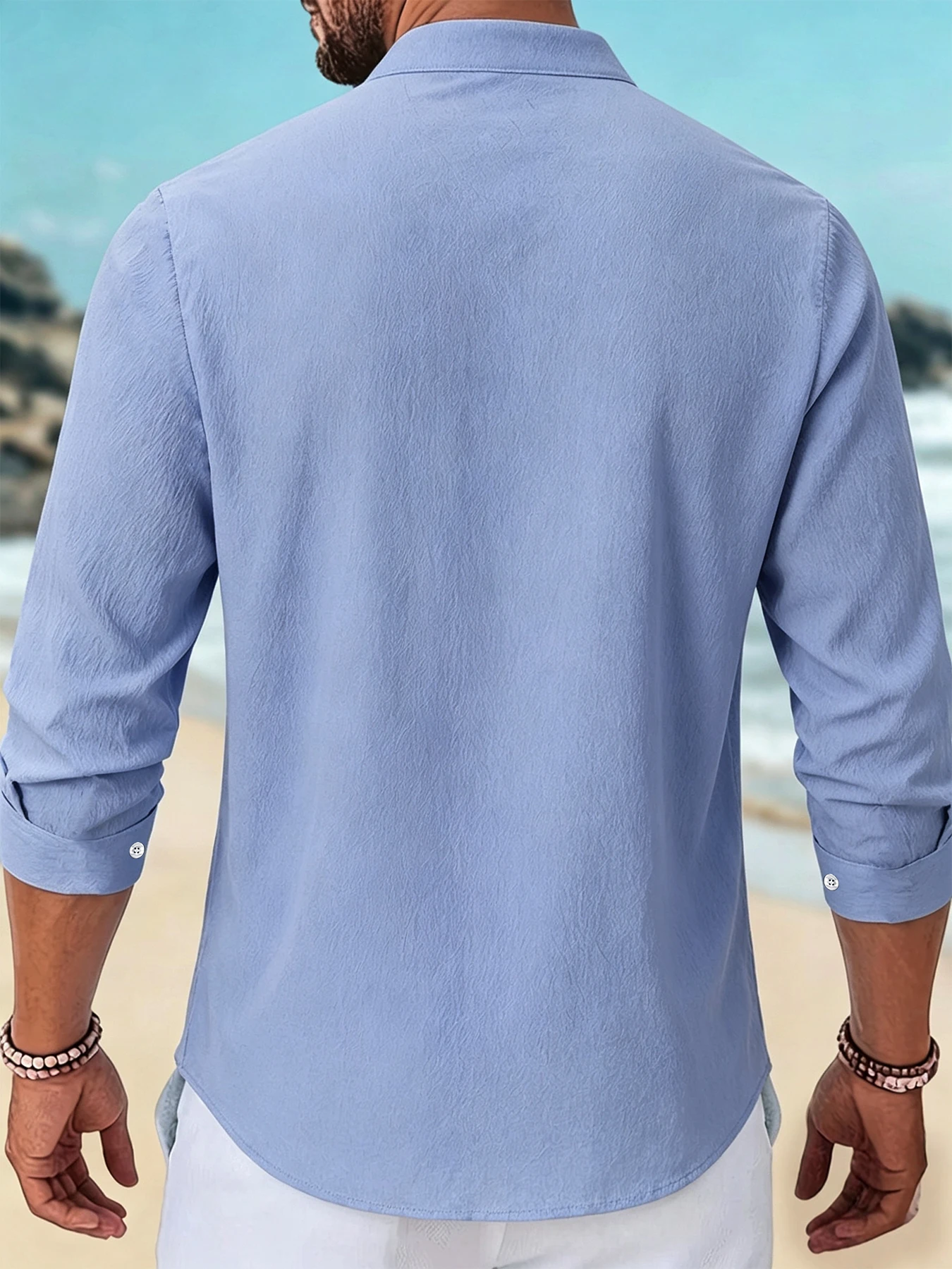Men Mandarin Collar Henley Shirt Long Sleeve Half Button‑Up Textured Wrinkled Polyester Casual Business Shirts - view 2