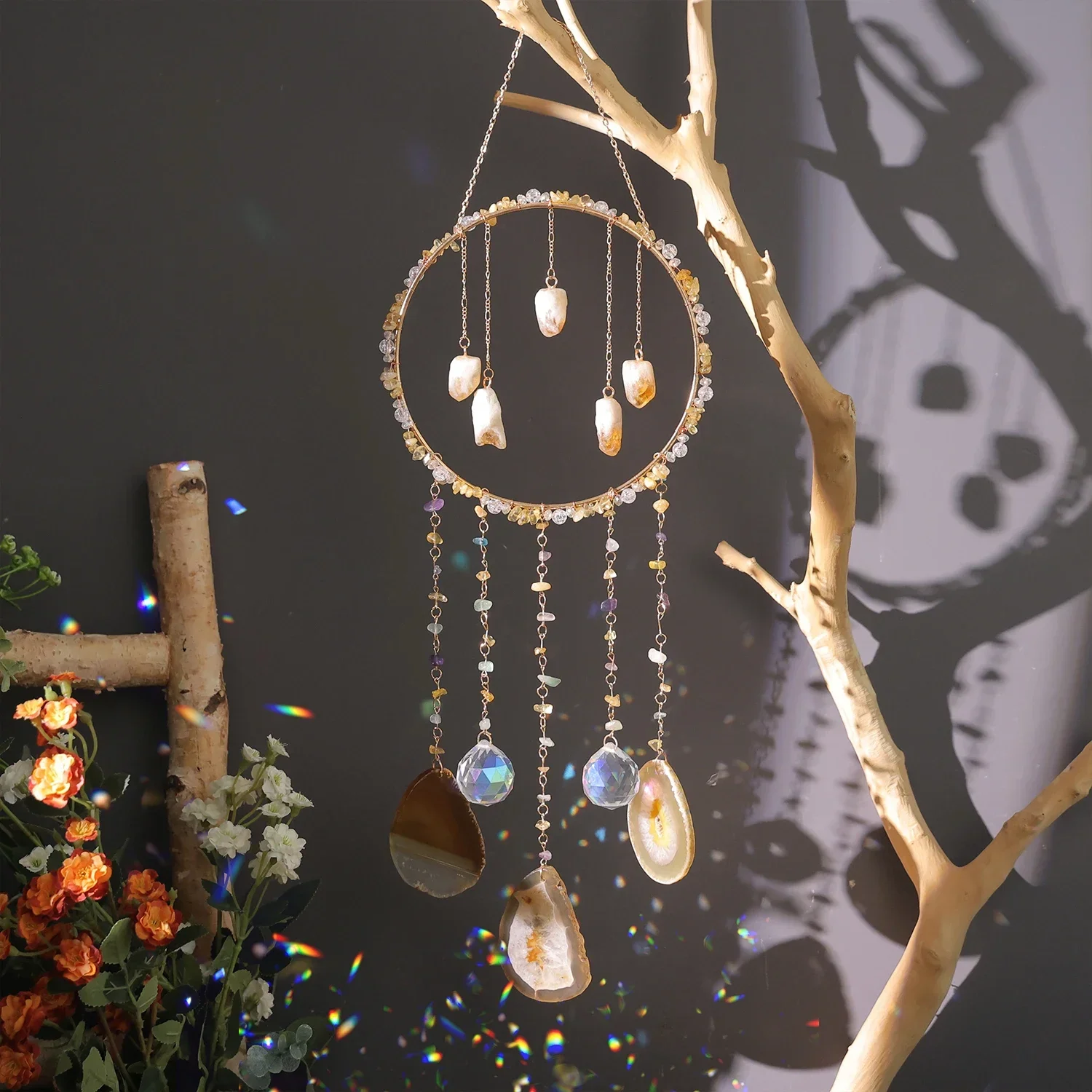 Natural Color Agate Tree of Life 7 Chakra Gemstone, Replicatcher Materials, Wall Hanging, Room, Window, Garden, Home Decoration