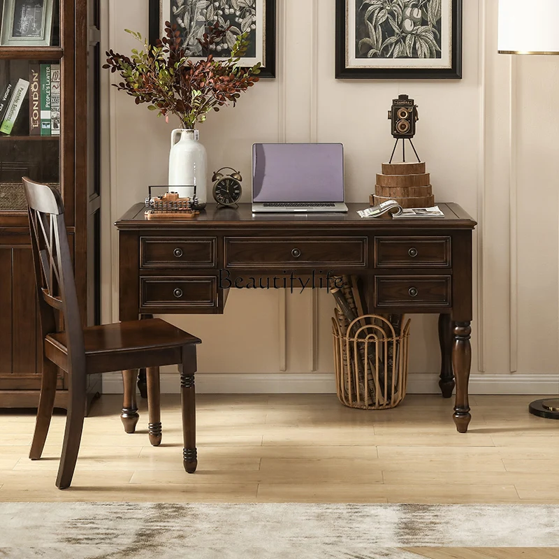 

American retro solid wood living room study desk black walnut desk