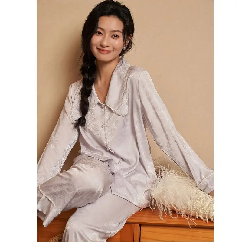 2 Pieces Pearl Neck Jacquard High Quality Pajamas for Women Spring Women\'s Pajamas Set Elegant Ptinting Home Wear Soft Sleepwear