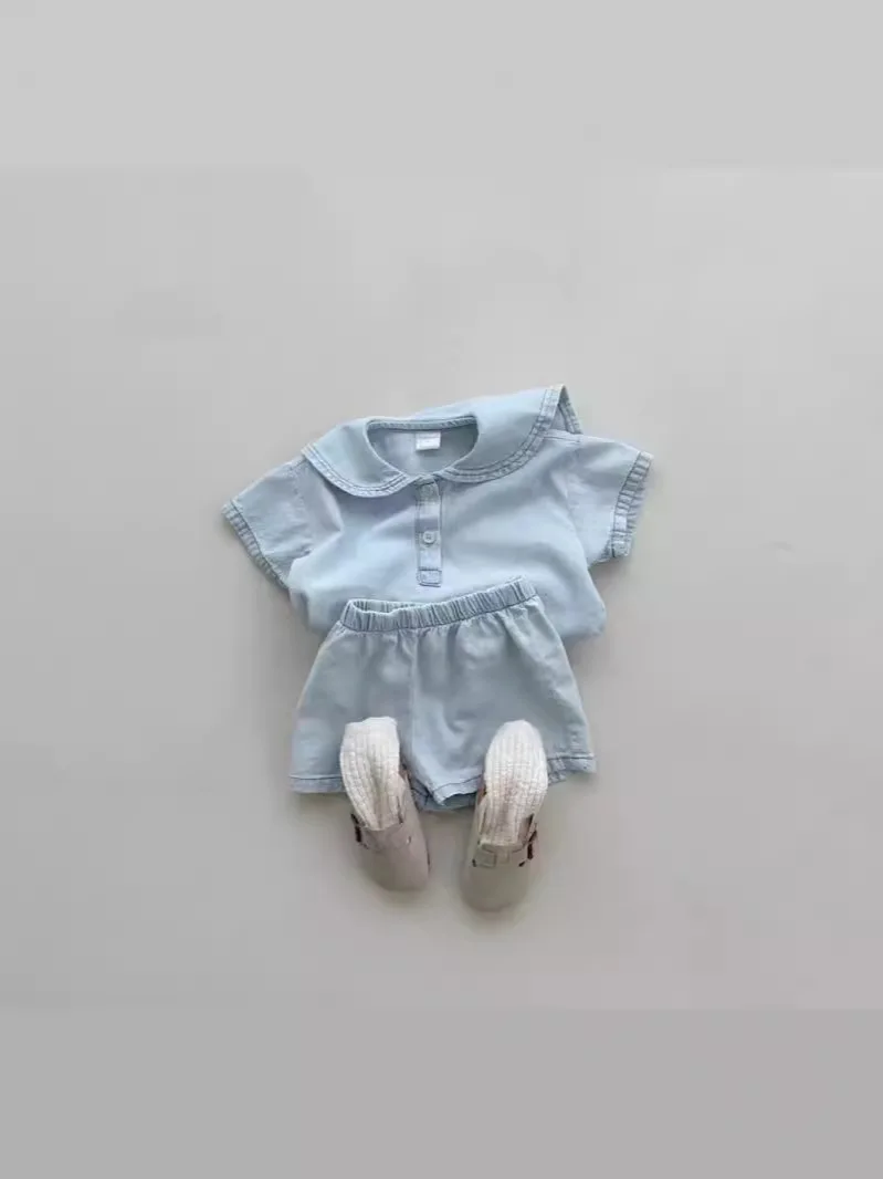 Sommer neue Baby Kurzarm Denim Set Kleinkind Jungen Mädchen Seemann Kragen Tops Shorts 2 stücke Anzug Kleinkind vielseitige Casual Outfits