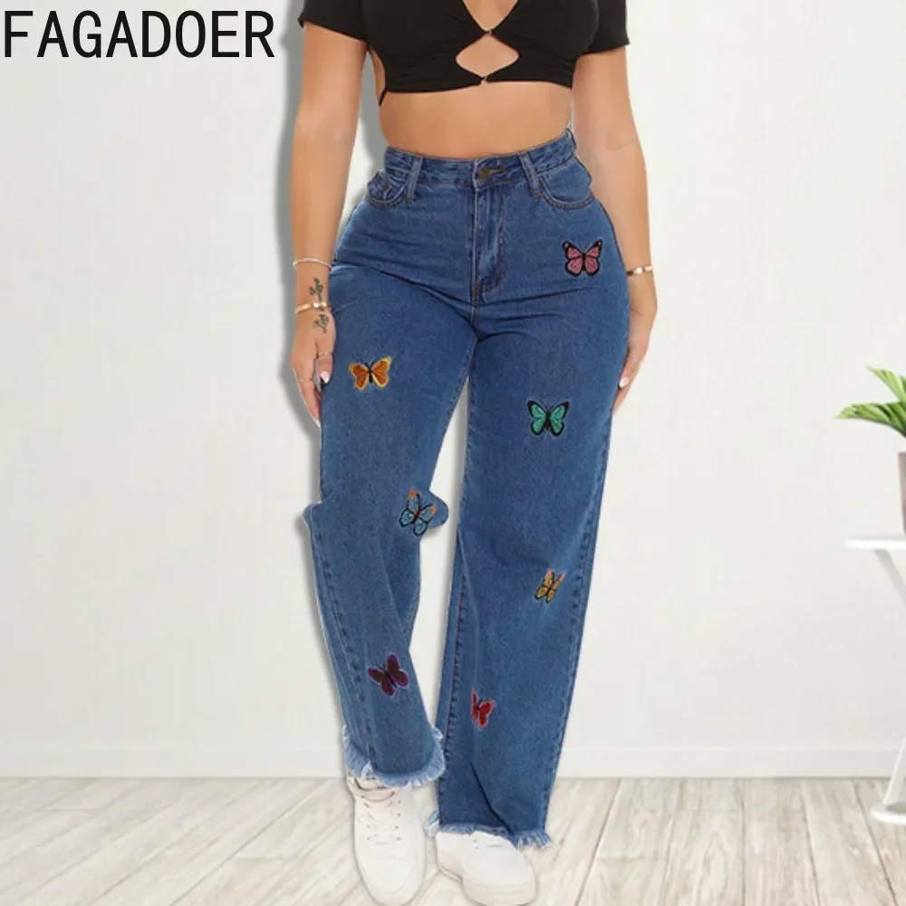 

FAGADOER Fashion Butterfly Embroidery Straight Jean Pants Women High Waisted Button Pocket Denim Trousers Casual Cowboy Bottoms