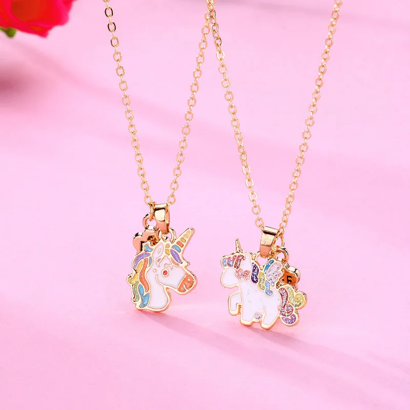 2Pcs/Set Colorful Cartoon Unicorn Shape Pendant Chain Best Friends Necklace BFF Friendship Children's Jewelry Gift for Girls