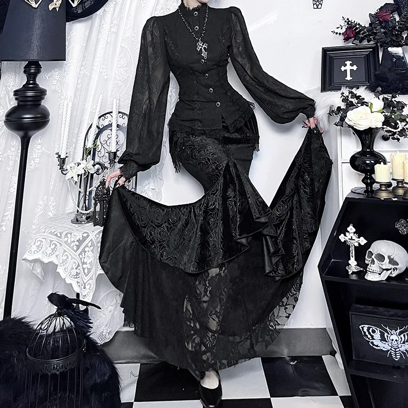 秋のフレンチダークゴシックヴィンテージロングスカート女性の Y2K ボール非対称骨太スカート美的エレガントな高品質の服