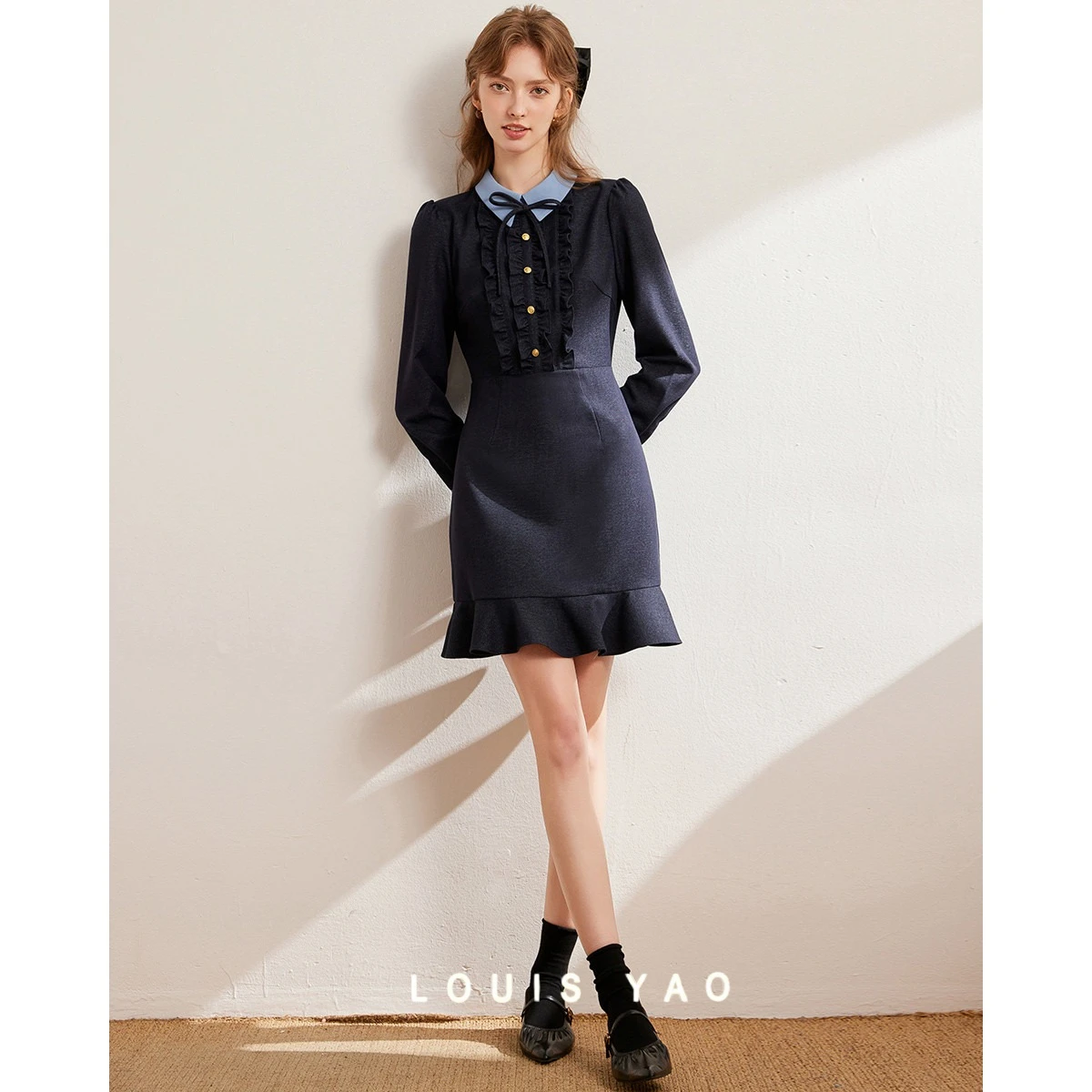 

Contrast Colours Lapel Slim Fit Women's Dress 2025 Spring Fashion Pleated Edge Button Long Sleeve Dresses Women's Clothing