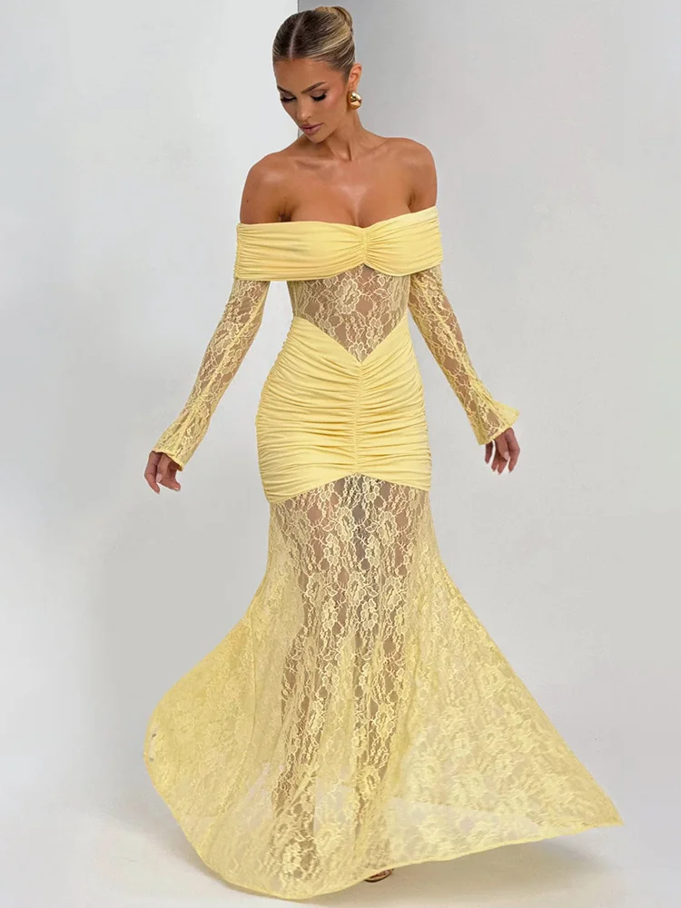 XIAOTANG-maxivestido Sexy de manga larga con hombros descubiertos para mujer, vestido de encaje transparente sin tirantes y espalda descubierta, vestidos de fiesta ajustados para discoteca