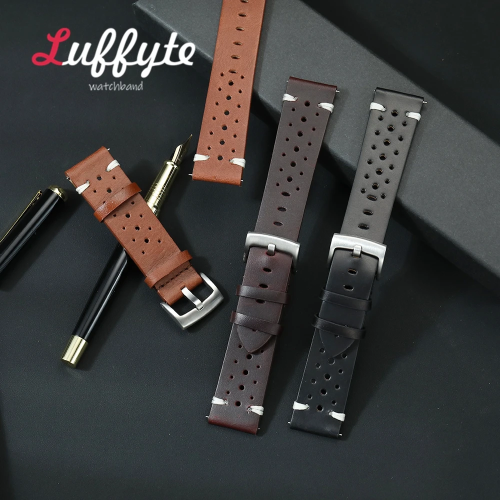 Cowhide Leather Handmade Porous Watch Strap 20mm 22mm Breathable Oil Wax Watch Band High-end Quick Release Watch Strap  ﻿